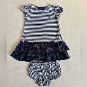 Ralph Lauren Navy Striped Dress with Polka Dot Ruffle and Bloomers